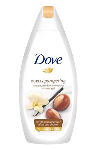 Dove Purely Pampering Shea Butter & Warm Vanilla Body Wash+Exfoliating gloves Our Pampering Body Wash is formulated with our skin-natural moisturisers that help renew your skin’s natural moisture.