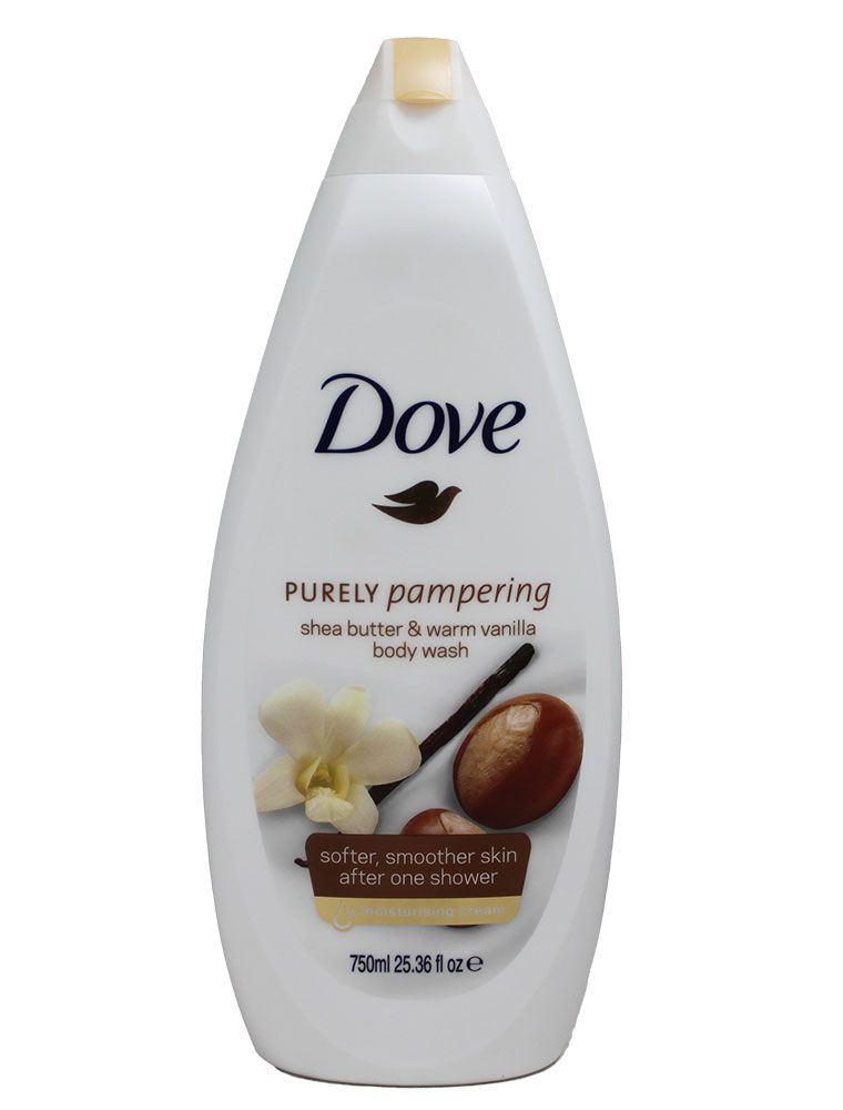 Dove Purely Pampering Shea Butter & Warm Vanilla Body Wash+Exfoliating gloves Our Pampering Body Wash is formulated with our skin-natural moisturisers that help renew your skin’s natural moisture.