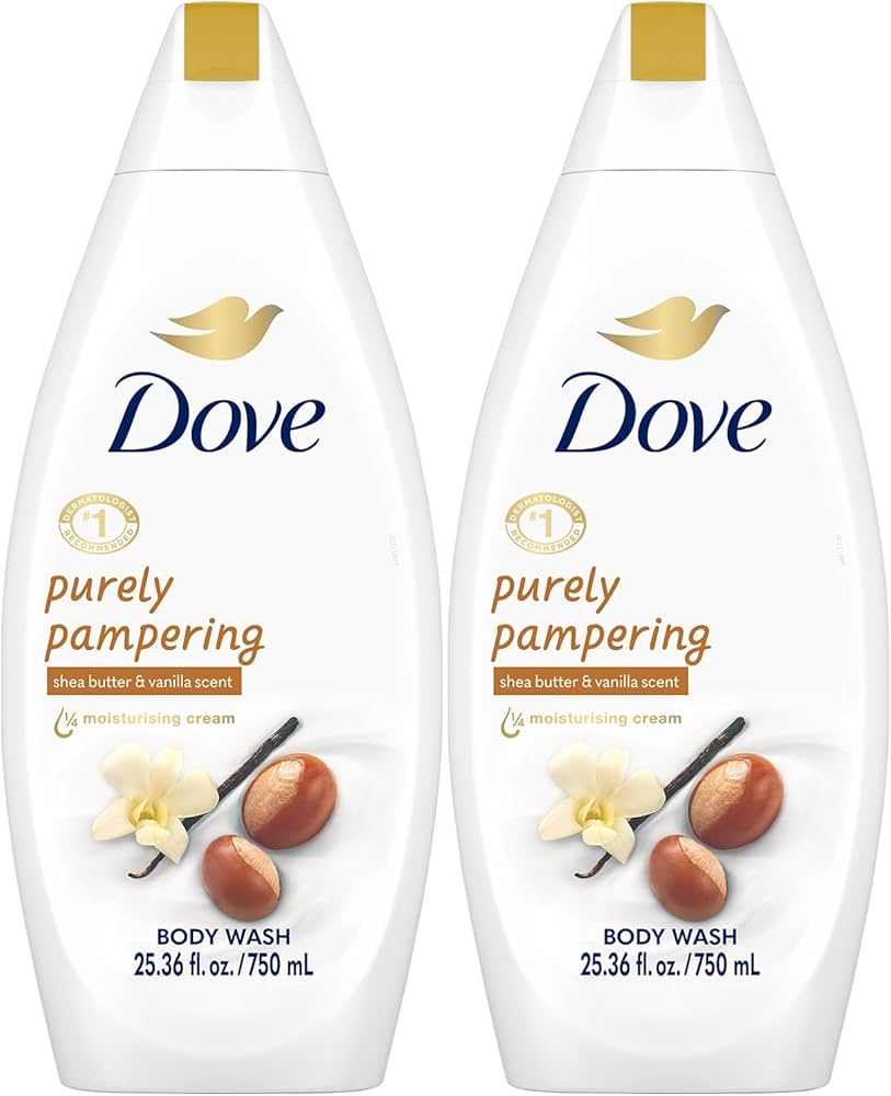 Dove Purely Pampering Shea Butter & Warm Vanilla Body Wash+Exfoliating gloves Our Pampering Body Wash is formulated with our skin-natural moisturisers that help renew your skin’s natural moisture.