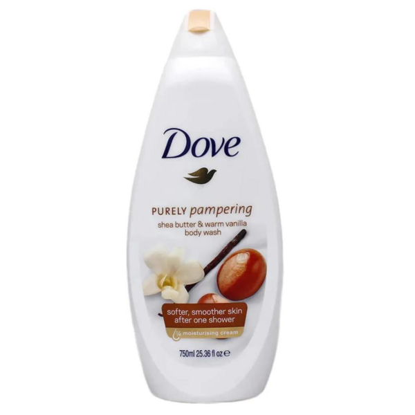 Dove Purely Pampering Shea Butter & Warm Vanilla Body Wash+Exfoliating gloves Our Pampering Body Wash is formulated with our skin-natural moisturisers that help renew your skin’s natural moisture.