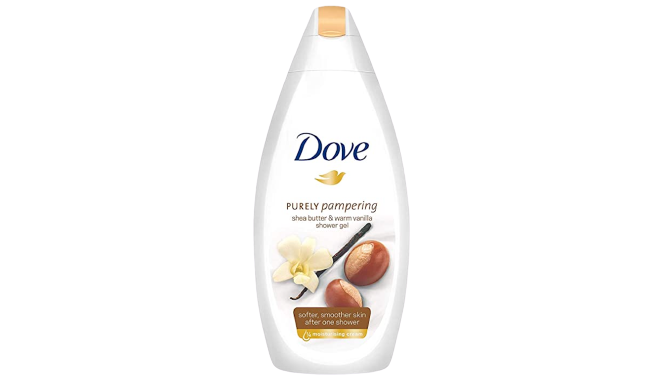 Dove Purely Pampering Shea Butter & Warm Vanilla Body Wash+Exfoliating gloves Our Pampering Body Wash is formulated with our skin-natural moisturisers that help renew your skin’s natural moisture.