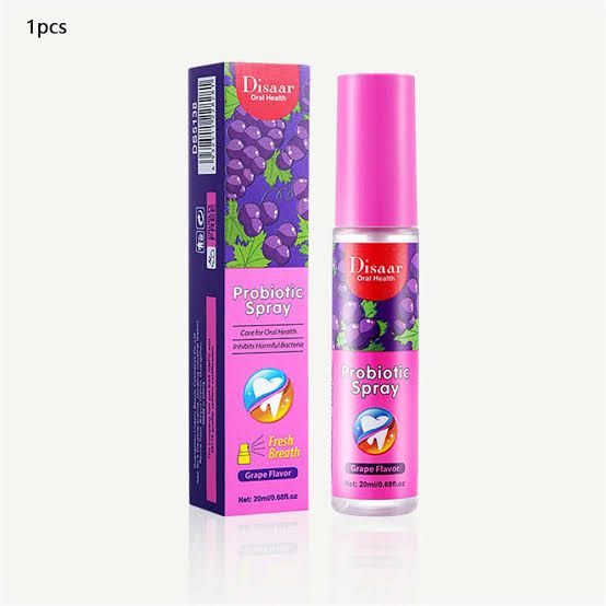 Disaar Probiotic Mouth Spray Fresh Breath Grape Flavor -20ml It is used to prevent and eliminate bad breath, makes the breath fresh, leaves a pleasant coolness trip.Does not contain sugar and alcohol.