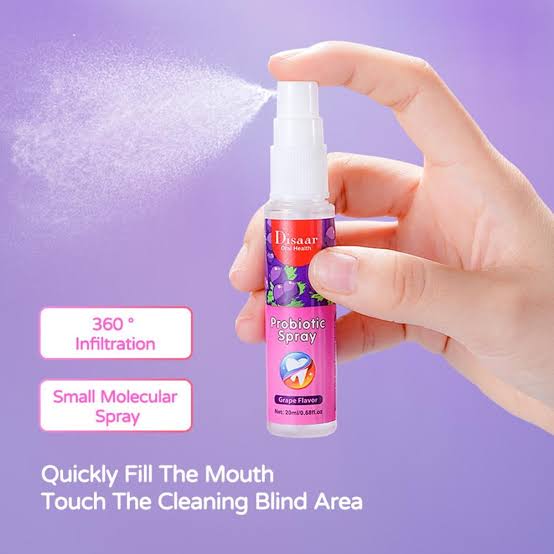Disaar Probiotic Mouth Spray Fresh Breath Grape Flavor -20ml It is used to prevent and eliminate bad breath, makes the breath fresh, leaves a pleasant coolness trip.Does not contain sugar and alcohol.