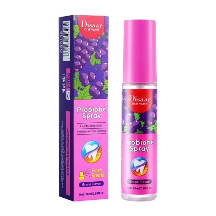 Disaar Probiotic Mouth Spray Fresh Breath Grape Flavor -20ml It is used to prevent and eliminate bad breath, makes the breath fresh, leaves a pleasant coolness trip.Does not contain sugar and alcohol.