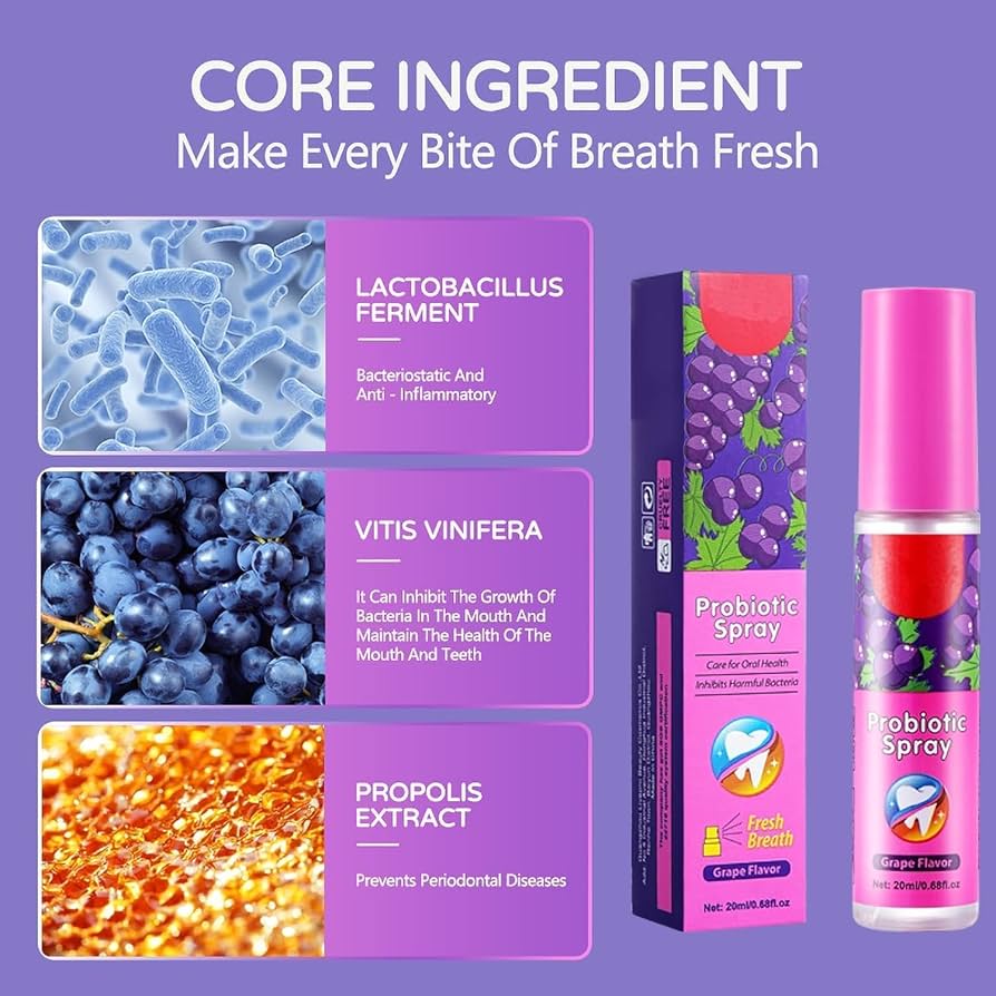 Disaar Probiotic Mouth Spray Fresh Breath Grape Flavor -20ml It is used to prevent and eliminate bad breath, makes the breath fresh, leaves a pleasant coolness trip.Does not contain sugar and alcohol.