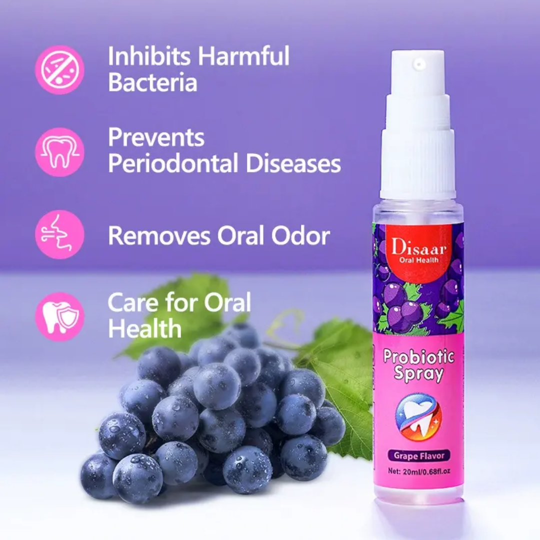 Disaar Probiotic Mouth Spray Fresh Breath Grape Flavor -20ml It is used to prevent and eliminate bad breath, makes the breath fresh, leaves a pleasant coolness trip.Does not contain sugar and alcohol.