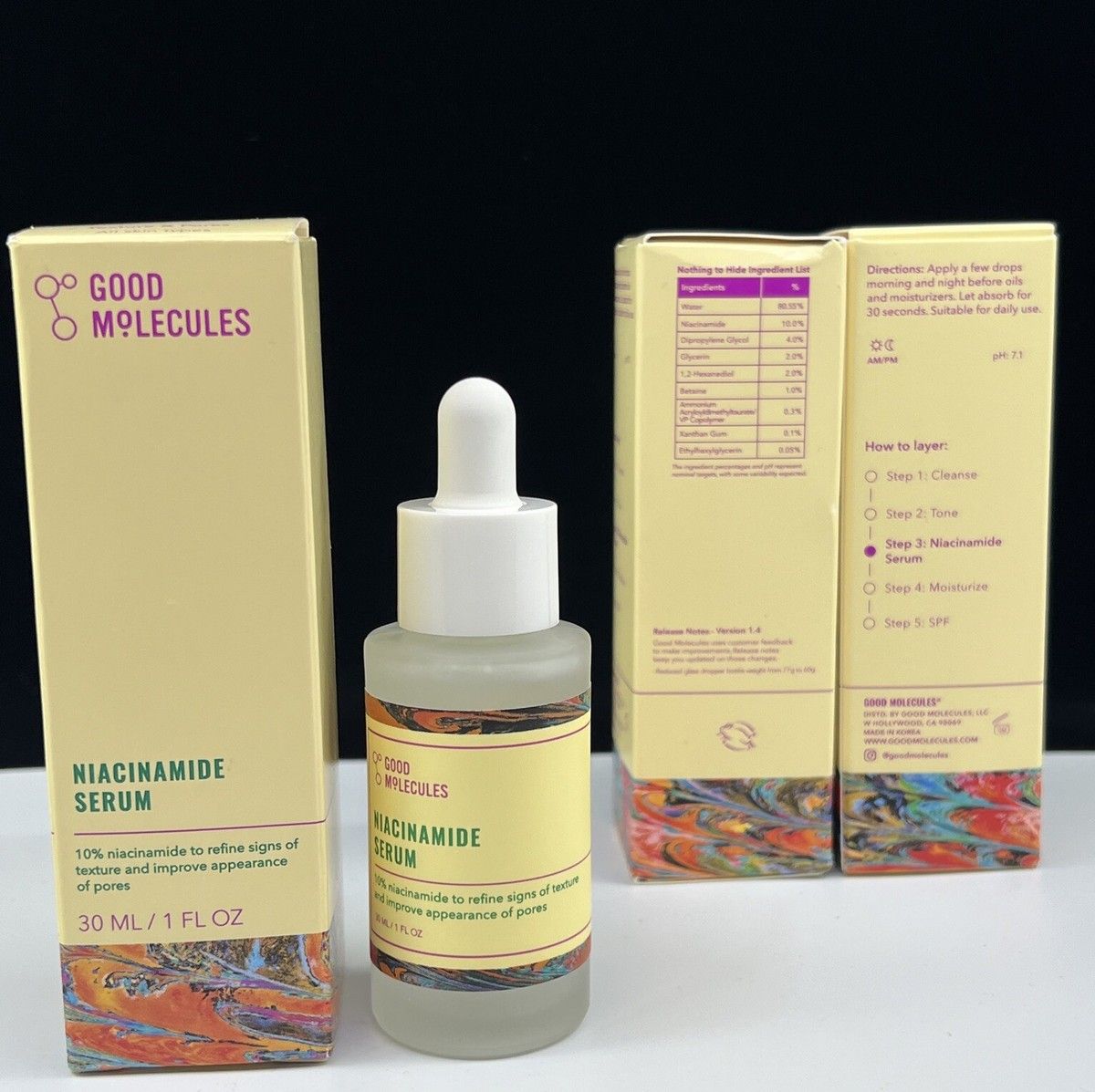 GOOD MOLECULES NIACINAMIDE SERUM Minimize For Smooth, Plump Even Skin And Pores Formulated with 10% Niacinamide (vitamin B3) this lightweight serum helps to refine skin tone and texture for a brighter