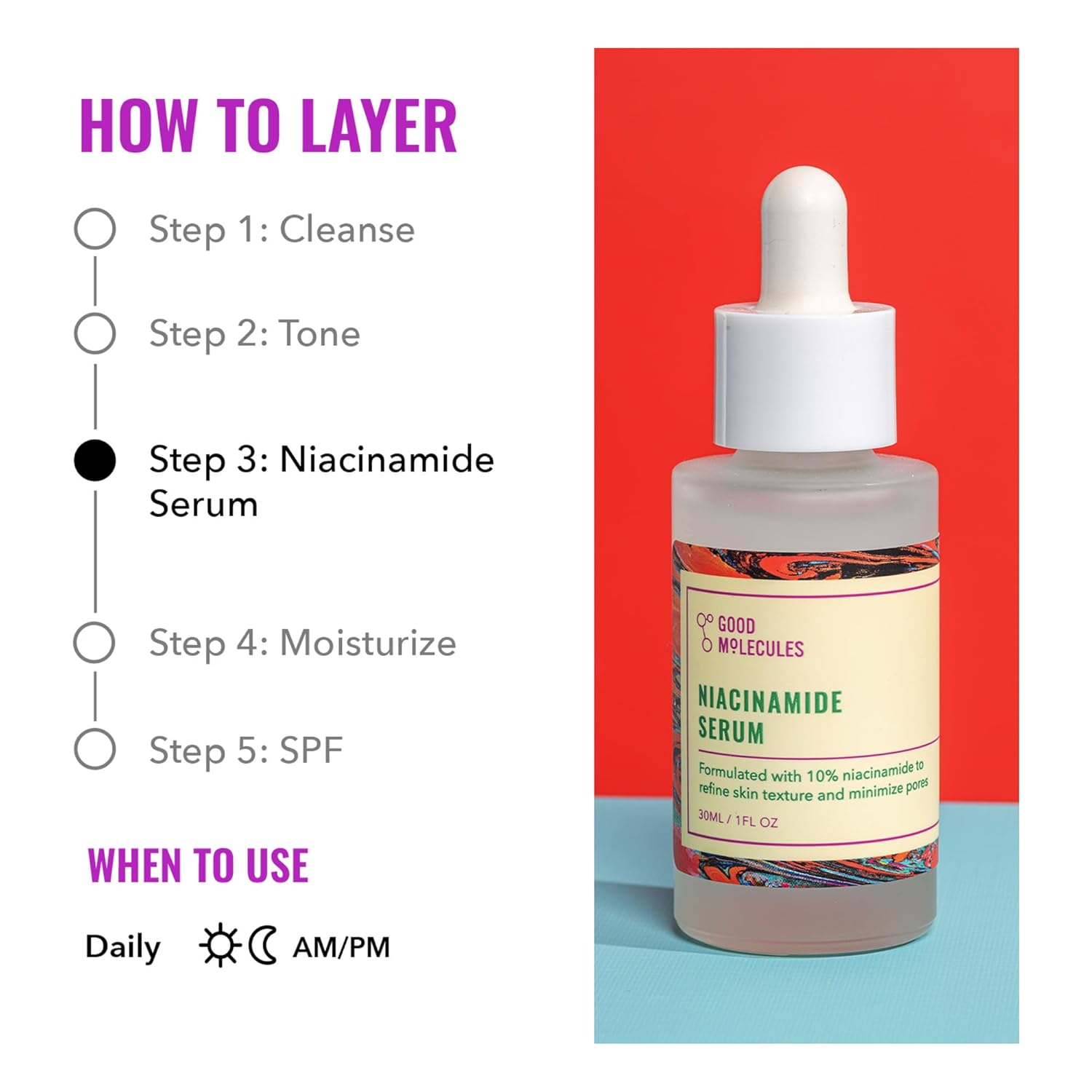GOOD MOLECULES NIACINAMIDE SERUM Minimize For Smooth, Plump Even Skin And Pores Formulated with 10% Niacinamide (vitamin B3) this lightweight serum helps to refine skin tone and texture for a brighter