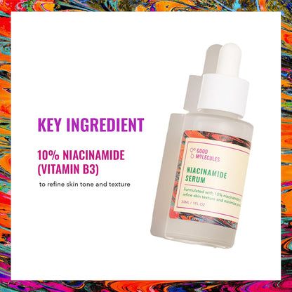 GOOD MOLECULES NIACINAMIDE SERUM Minimize For Smooth, Plump Even Skin And Pores Formulated with 10% Niacinamide (vitamin B3) this lightweight serum helps to refine skin tone and texture for a brighter