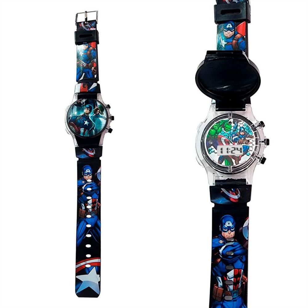 MARVEL RED CAPTAIN AMERICA SUPERHERO KIDS WATCH - DIGITAL DISPLAY INTERACTIVE FEATURES ADJUSTABLE STRAPS.The multi colored watch promotes your kid standard among their mates. Analogue time helps.