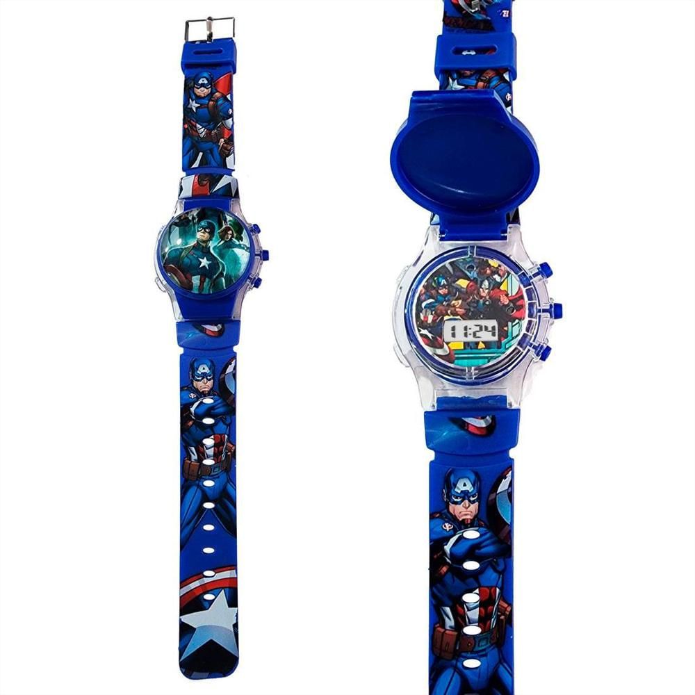 MARVEL RED CAPTAIN AMERICA SUPERHERO KIDS WATCH - DIGITAL DISPLAY INTERACTIVE FEATURES ADJUSTABLE STRAPS.The multi colored watch promotes your kid standard among their mates. Analogue time helps.