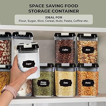 8pcs Food/Pantry Storage Container s, they are perfect for storing dry goods, snacks, cereals, spices, and more.Airtight and Comes with free stickers + Pen + Measuring Spoons .