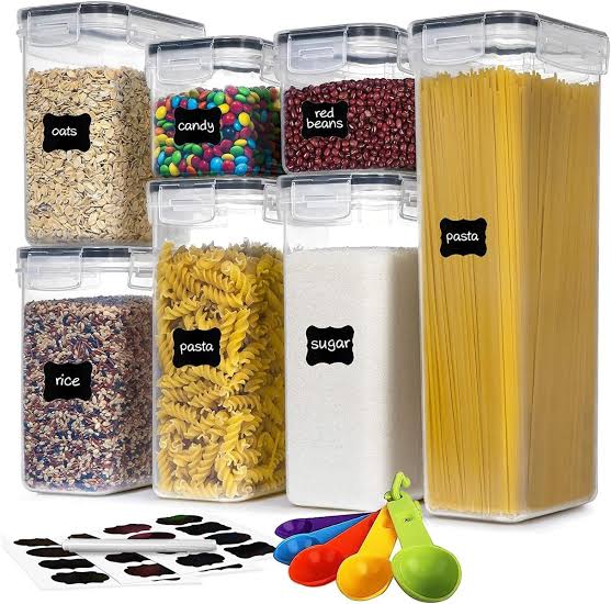 8pcs Food/Pantry Storage Container s, they are perfect for storing dry goods, snacks, cereals, spices, and more.Airtight and Comes with free stickers + Pen + Measuring Spoons .