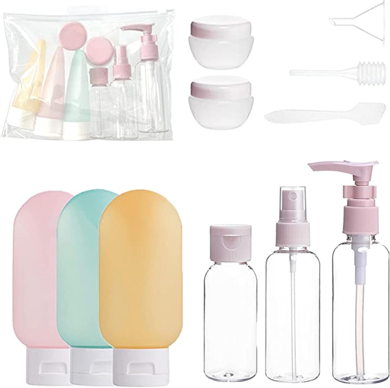11 Pcs Travel Refillable Bottles Lotion Spray Travel Bottles lotion bottle 80ml, spray bottle 50ml, empty bottle 30ml, cream bottle 10g/2 Squeeze bottle 60ml/3; set: 135g Color: transparent.