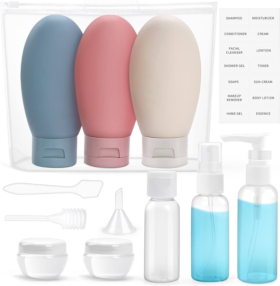 11 Pcs Travel Refillable Bottles Lotion Spray Travel Bottles lotion bottle 80ml, spray bottle 50ml, empty bottle 30ml, cream bottle 10g/2 Squeeze bottle 60ml/3; set: 135g Color: transparent.
