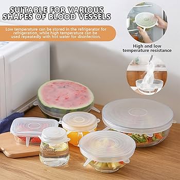 Best 6-Pack Silicone Stretch Lids Cover For Bowl,pots,jars silicone food saver lids can be used to cover cooked food, fruit, salads, sauces, as well as drinks like coffee, tea, juice and more.