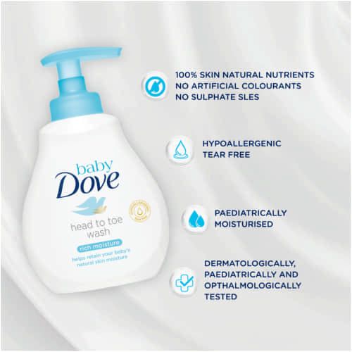 Dove Baby Head To Toe Body Wash Sensitive Moisture  it helps to replenish the essential moisture and nutrients that baby’s skin can lose during bathtime, leaving it feeling touchably softer .