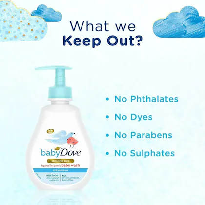 Dove Baby Head To Toe Body Wash Sensitive Moisture  it helps to replenish the essential moisture and nutrients that baby’s skin can lose during bathtime, leaving it feeling touchably softer .