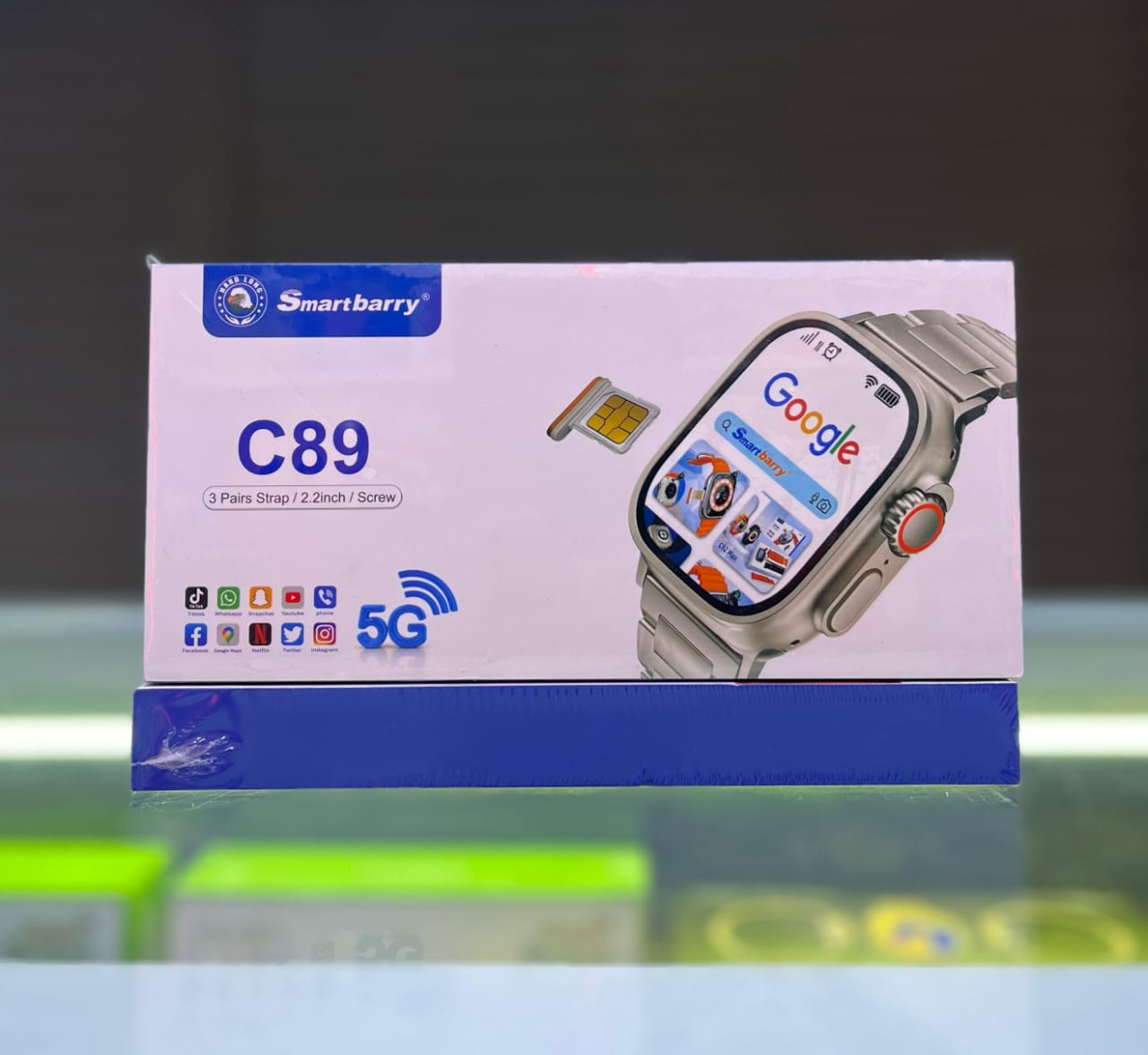 C89 SMARTWATCH FOR BOTH MEN & LADIES
WITH 4GB RAM AND 64 GB ROM
CONNECTS WITH WIFI AND CAN INSTALL APPS
3 PAIRS OF STRAPS
2.2 INCH