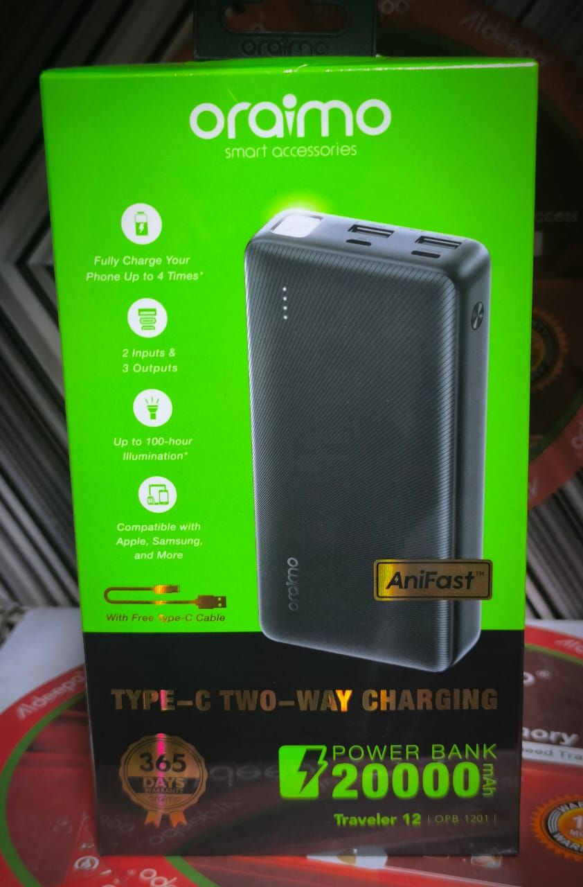 ORAIMO TRAVELLER 12 0pB 1201
20000 mAh POWERBANK
DUAL INPUT
TYPE C TWO-WAY CHARGING
CAN CHARGE PHONE UP TO 4 TIMES
100Hr ILLUMINATION TORCH
