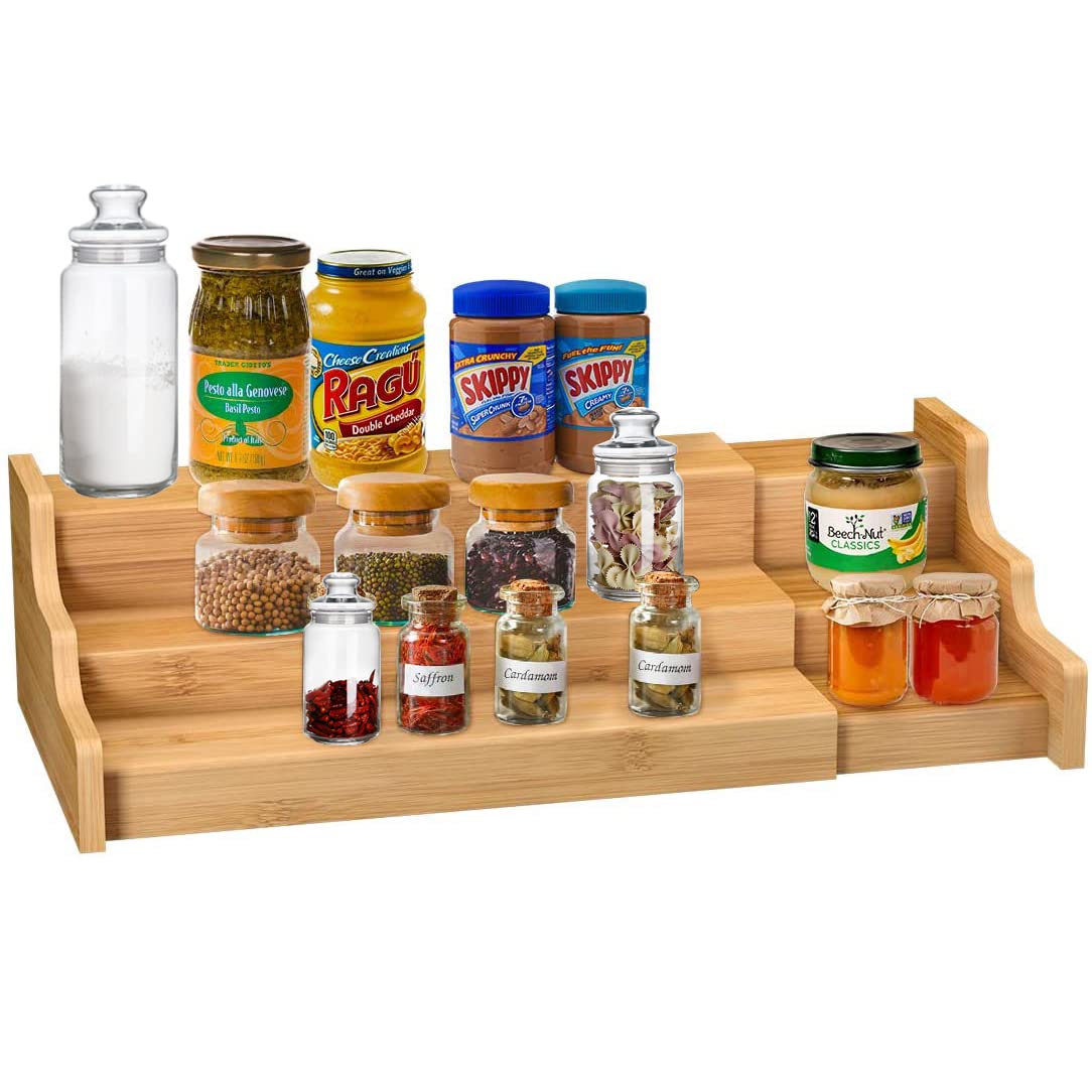 3 tier expandable Wooden spice rack Durable and good quality 3 slanted tiers provides organization and easy to spice bottles, jars, condiments, and more Tidy the kitchen pantry, cabinet, shelf organis