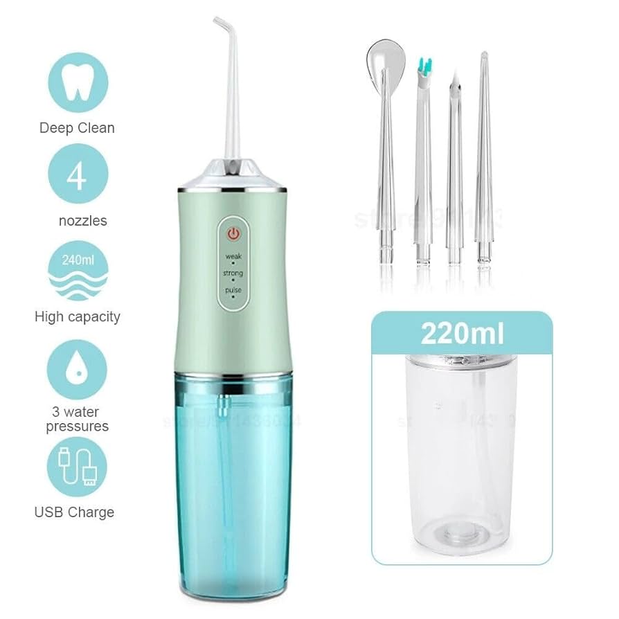 Portable Rechargeable Oral Irrigator – Mint Green
Key Features
- 3 Cleaning Modes – Soft, Normal, and Pulse for customized oral care
- 360° Deep Cleaning – Targets hidden areas and gum lines effective