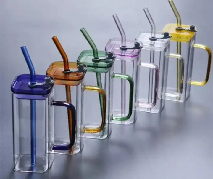 400ml Square smoothie glass cup with matching straws  - good morning with bamboo lids; unbranded matching colours acrylic lids)