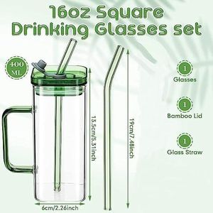 400ml Square smoothie glass cup with matching straws  - good morning with bamboo lids; unbranded matching colours acrylic lids)
