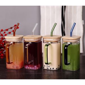 400ml Square smoothie glass cup with matching straws  - good morning with bamboo lids; unbranded matching colours acrylic lids)