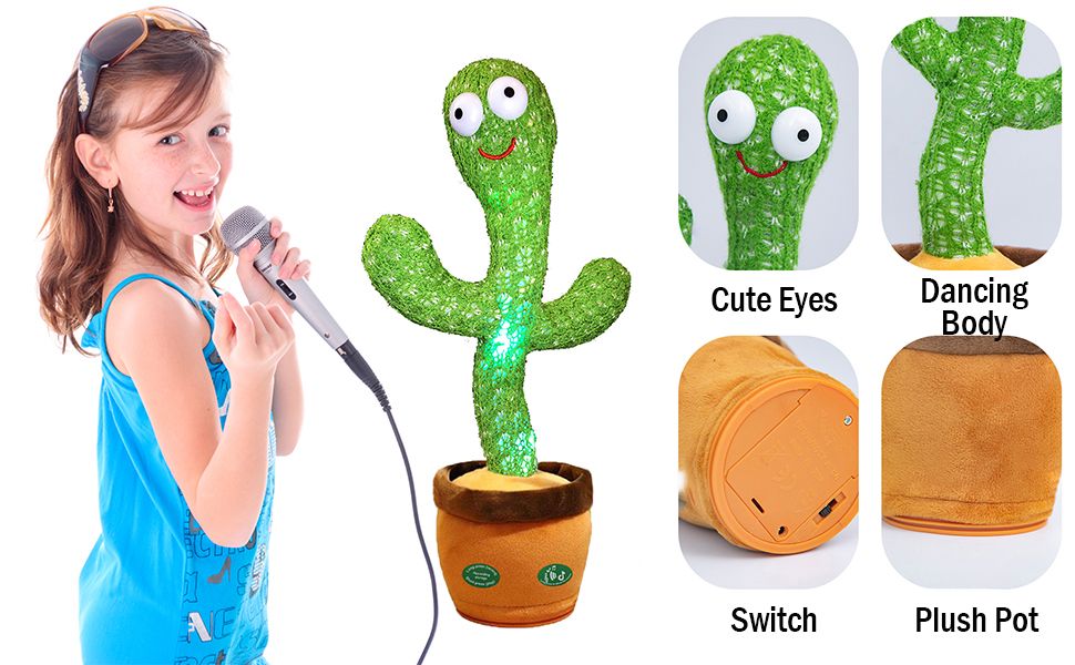 Pbooo Dancing Talking Cactus Mimicking Toy,Talking Repeat Singing Sunny Cactus Toy 120 Pcs Songs for Baby 15S Record Your Sound Sing+Dancing+Recording+LED