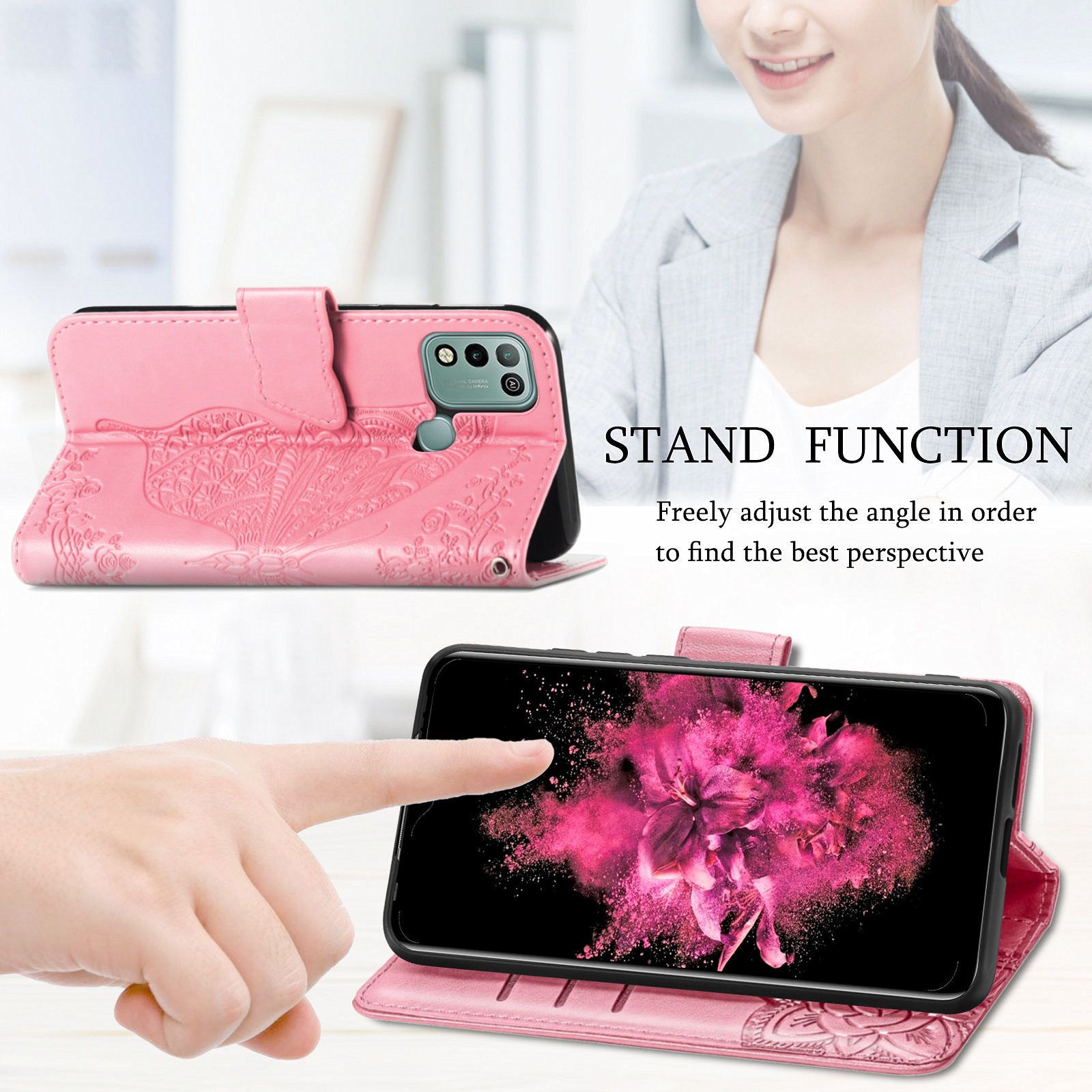 Tecno Spark 20C Case,Butterfly Flower  PU Leather Purse Wrist Strap Kickstand Case for Tecno Spark 20C