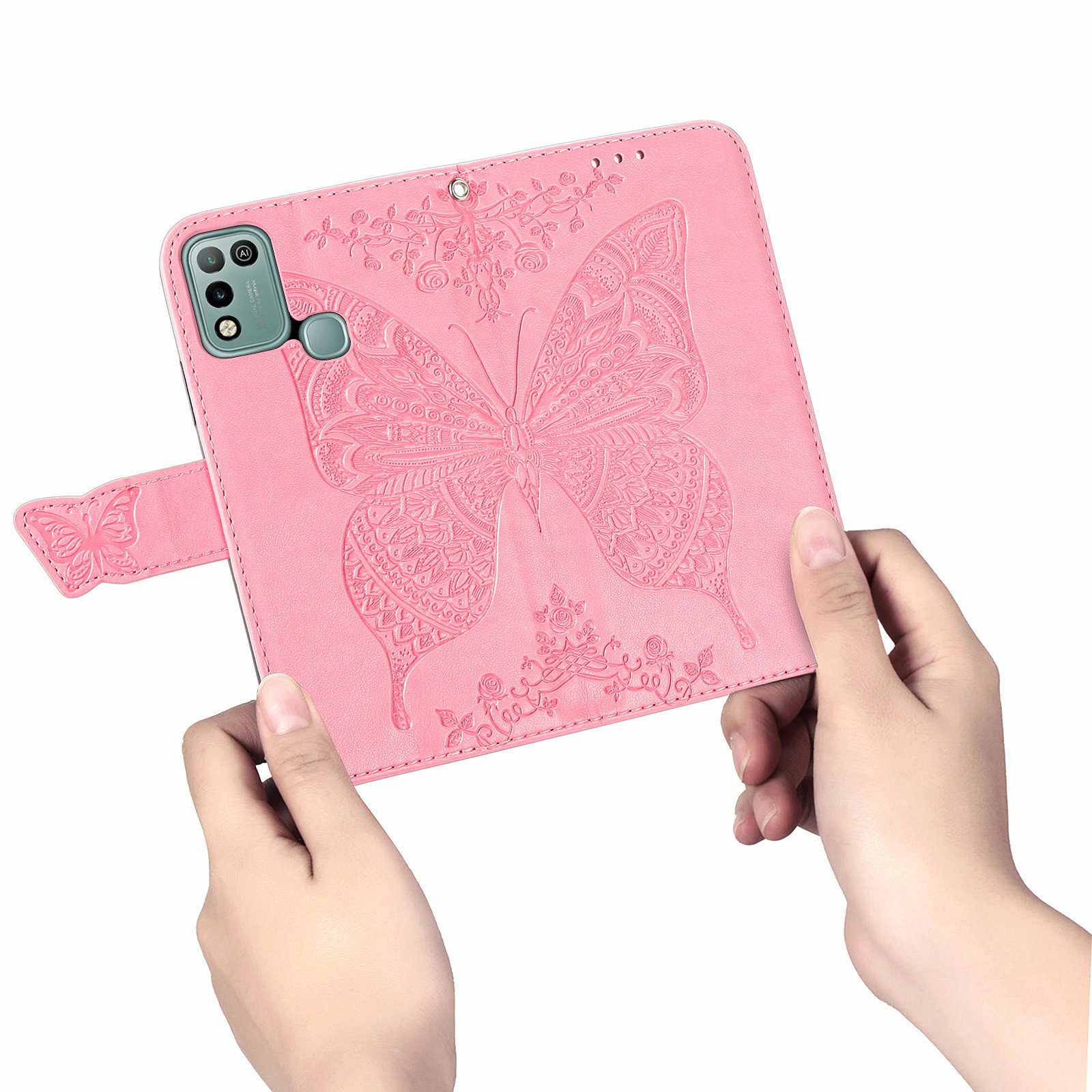 Tecno Spark 20C Case,Butterfly Flower  PU Leather Purse Wrist Strap Kickstand Case for Tecno Spark 20C