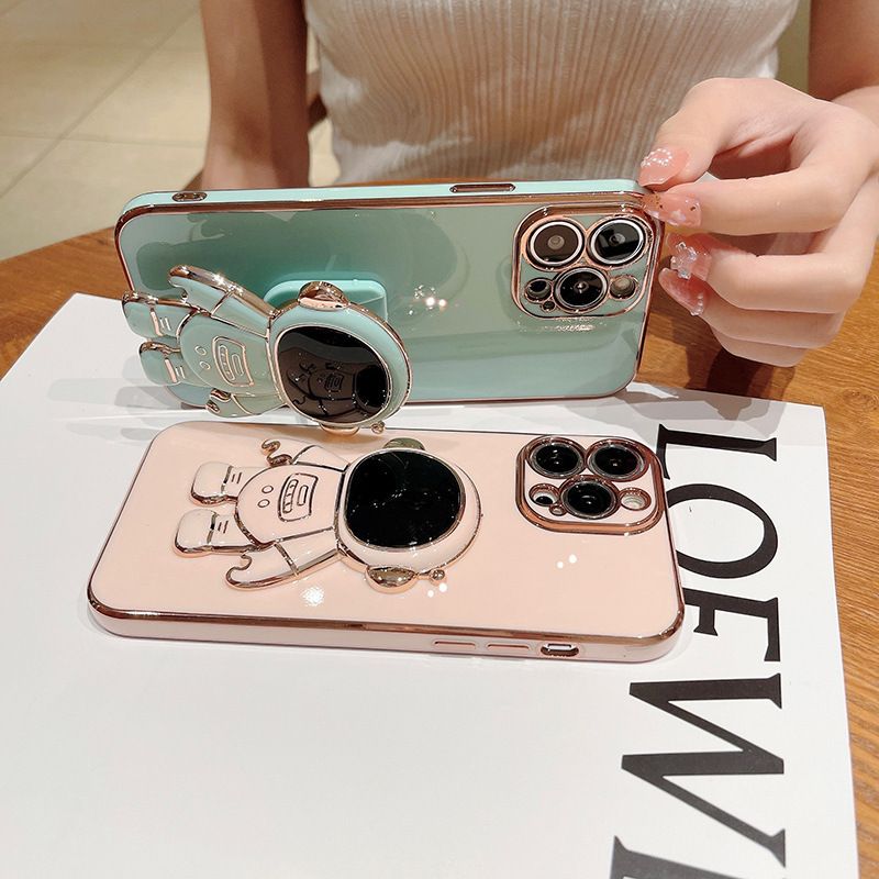 Infinix Hot 40 Pro Case Cute 6D Astronaut Phone Case with Stand Luxury Plating Case Cover Slim Fit Shockproof Bumper Protective Electroplated Case