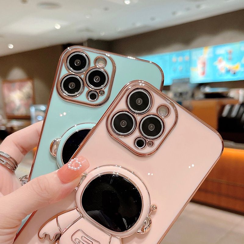 Infinix Hot 40 Pro Case Cute 6D Astronaut Phone Case with Stand Luxury Plating Case Cover Slim Fit Shockproof Bumper Protective Electroplated Case