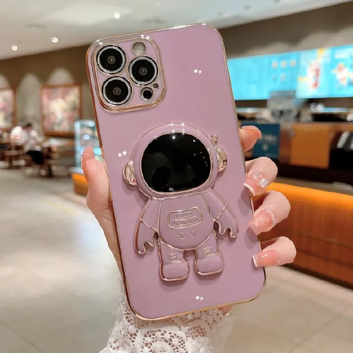 Infinix Hot 40 Pro Case Cute 6D Astronaut Phone Case with Stand Luxury Plating Case Cover Slim Fit Shockproof Bumper Protective Electroplated Case