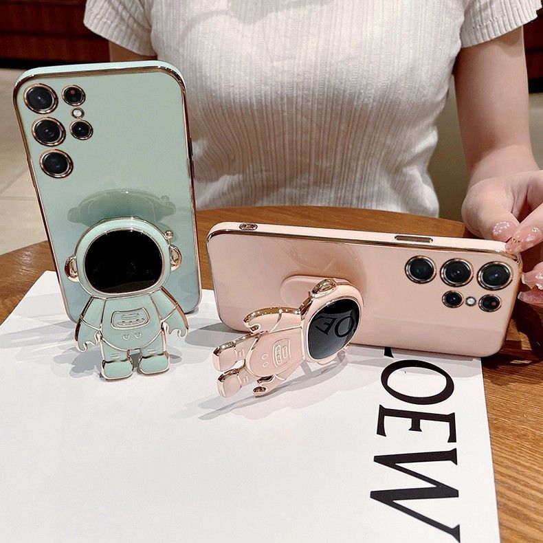 Samsung Galaxy S25/S24 Plus/S23 Ultra/S21 FE Case Cute 6D Astronaut Phone Case with Stand Luxury Plating Case Cover Slim Fit Shockproof Bumper Protective Electroplated Case with Strap