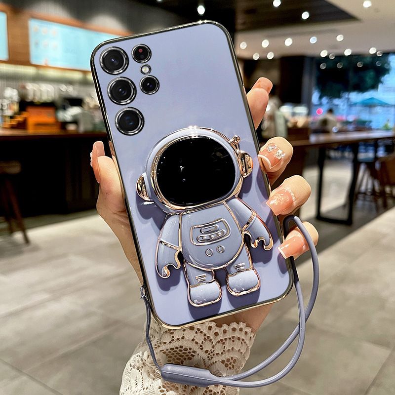 Samsung Galaxy S25/S24 Plus/S23 Ultra/S21 FE Case Cute 6D Astronaut Phone Case with Stand Luxury Plating Case Cover Slim Fit Shockproof Bumper Protective Electroplated Case with Strap