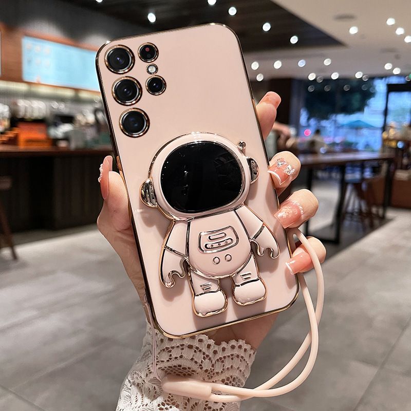 Samsung Galaxy S25/S24 Plus/S23 Ultra/S21 FE Case Cute 6D Astronaut Phone Case with Stand Luxury Plating Case Cover Slim Fit Shockproof Bumper Protective Electroplated Case with Strap