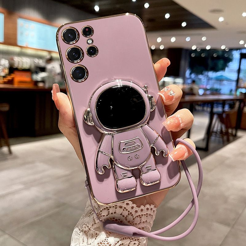 Samsung Galaxy S25/S24 Plus/S23 Ultra/S21 FE Case Cute 6D Astronaut Phone Case with Stand Luxury Plating Case Cover Slim Fit Shockproof Bumper Protective Electroplated Case with Strap