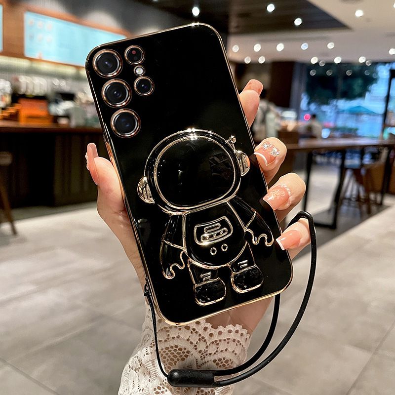 Samsung Galaxy S25/S24 Plus/S23 Ultra/S21 FE Case Cute 6D Astronaut Phone Case with Stand Luxury Plating Case Cover Slim Fit Shockproof Bumper Protective Electroplated Case with Strap