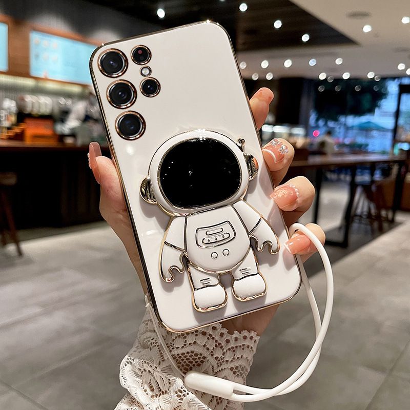 Samsung Galaxy S25/S24 Plus/S23 Ultra/S21 FE Case Cute 6D Astronaut Phone Case with Stand Luxury Plating Case Cover Slim Fit Shockproof Bumper Protective Electroplated Case with Strap