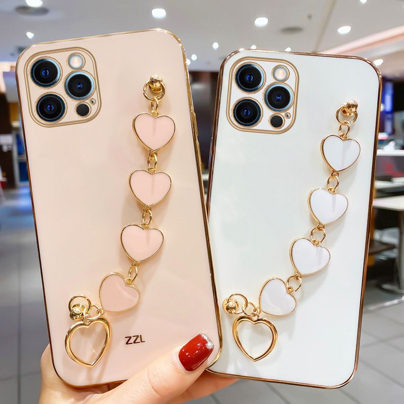 Samsung Galaxy S25/S24/S23/S22/S21/A16/A55/A72/M23/Note 20 Electroplated Heart-shaped Hand Chain Anti Fall Protective Cover