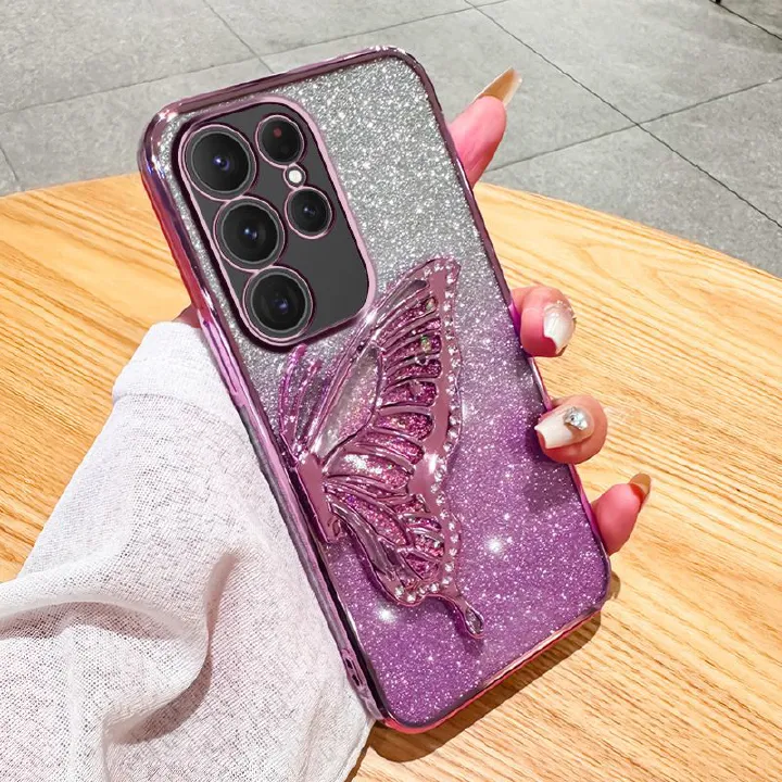 Samsung Galaxy S25/S24/S23/S22/S21/A25/A54/A72/M51/Note 10/Note 20 Electroplated Glitter Quicksand Butterfly Anti-fall Case