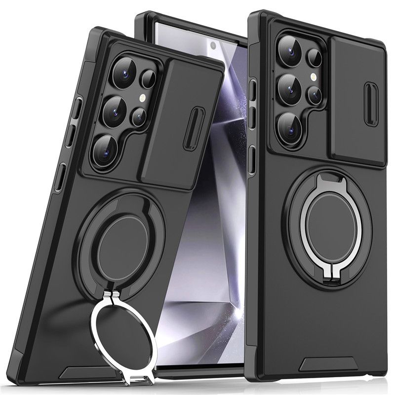 Samsung Galaxy S21 S22 S23 S24 S25 A14 A54 A23 A15 A35 A26 A16 A06 A05 Phone Case，Rotated Ring Kickstand Military Grade Shockproof Protective Cover with Slide Camera Cover
