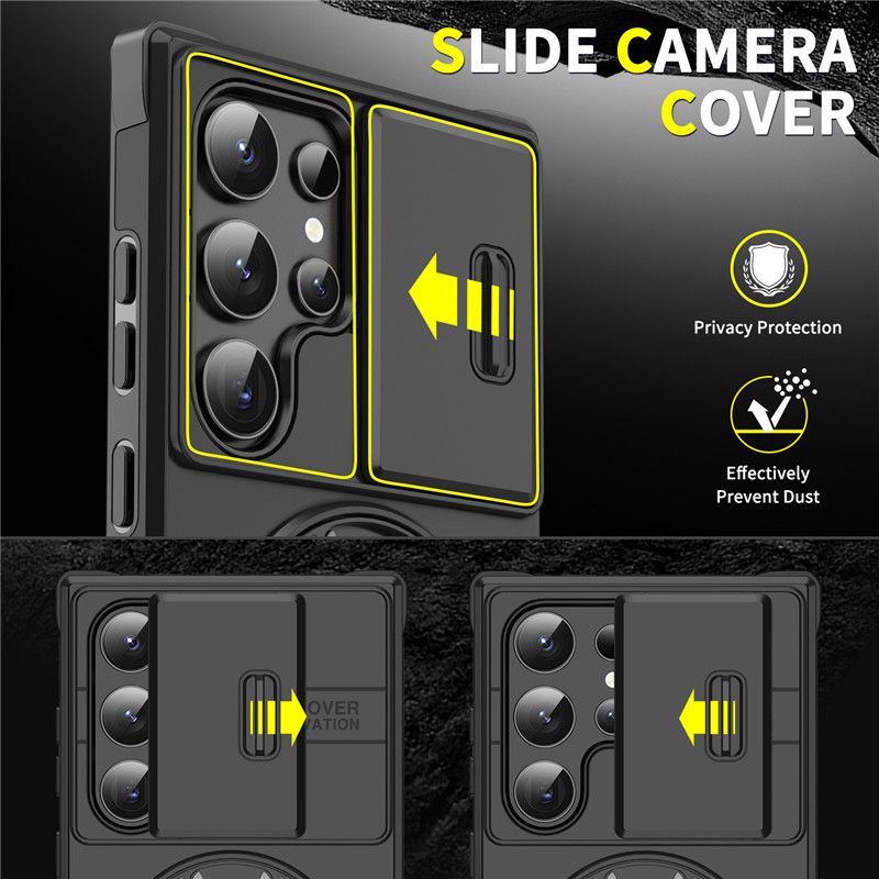 Samsung Galaxy S21 S22 S23 S24 S25 A14 A54 A23 A15 A35 A26 A16 A06 A05 Phone Case，Rotated Ring Kickstand Military Grade Shockproof Protective Cover with Slide Camera Cover