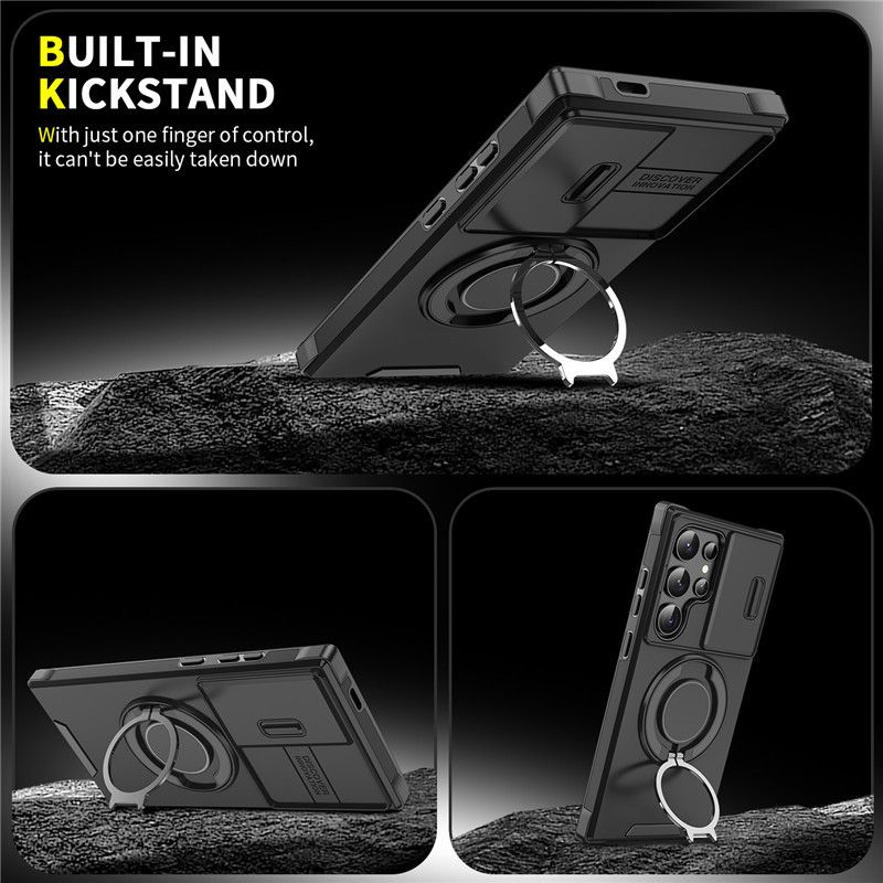 Samsung Galaxy S21 S22 S23 S24 S25 A14 A54 A23 A15 A35 A26 A16 A06 A05 Phone Case，Rotated Ring Kickstand Military Grade Shockproof Protective Cover with Slide Camera Cover