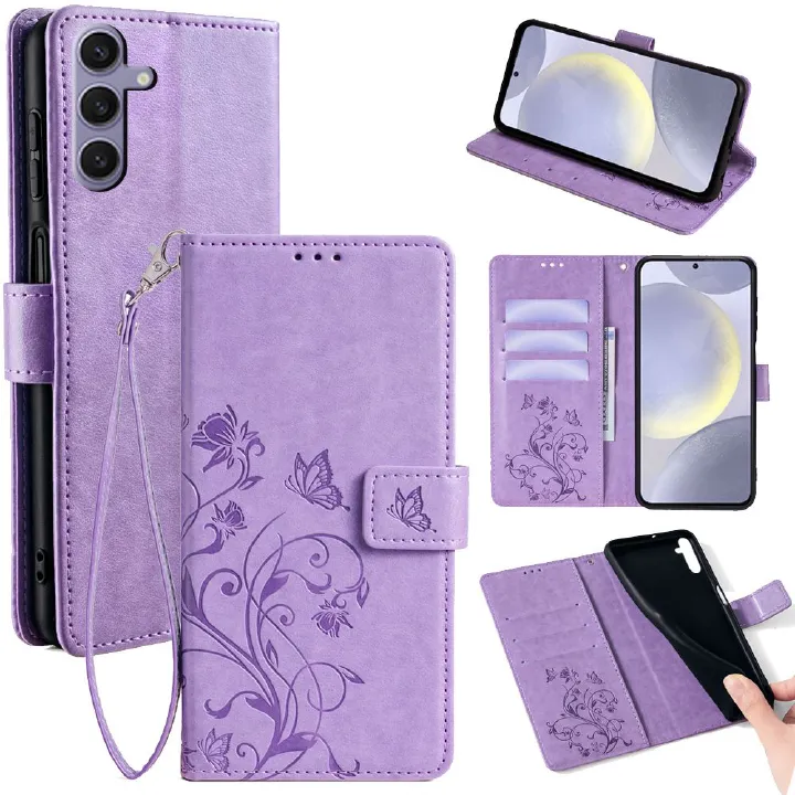 Samsung Galaxy S25 S24 S23 S22 S21 S20 S10 S9 S8 Note 20 Note 10 Note 9 Note 8 Phone Case,Butterfly Flower PU Leather Purse Wrist Strap Kickstand Case
