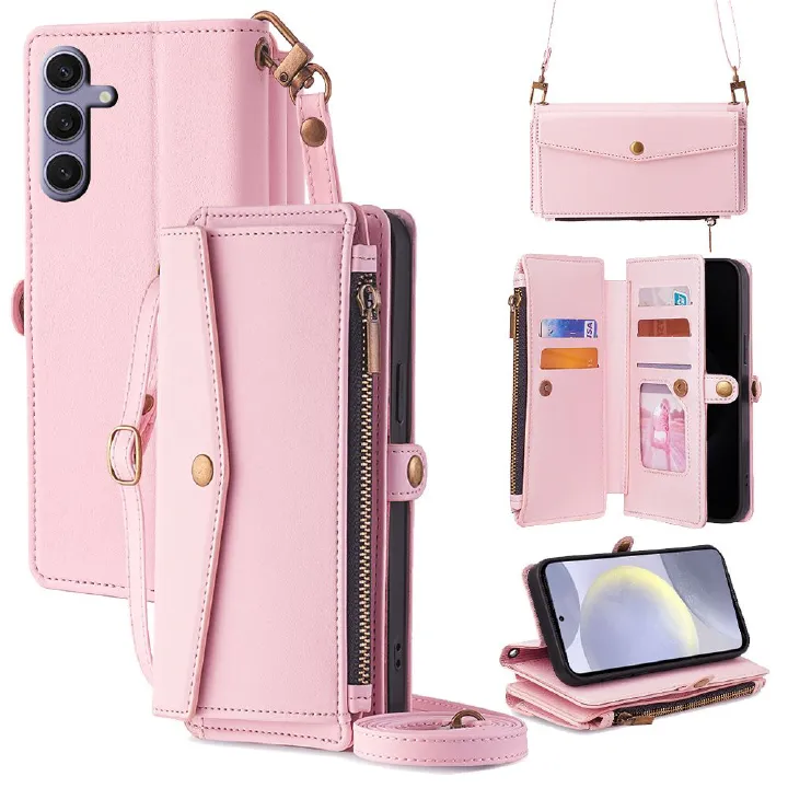 Samsung Galaxy S25 S24 S23 S22 S21 S20 S10 S9 S8 Note 20 Note 10 Note 9 Note 8 S7 Edge Case,Crossbody Multifunction Wallet RFID Blocking Shoulder Strap Zipper Pocket Phone Case
