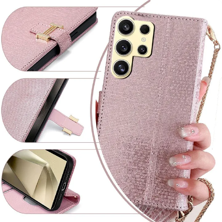 Samsung Galaxy S25 S24 S23 S22 S21 S20 S10 S9 S8 Note 20 Note 10 Note 9 Note 8 S7 Edge Case,Wallet Leather Phone Case with Magnetic Buckle Long Shoulder Strap
