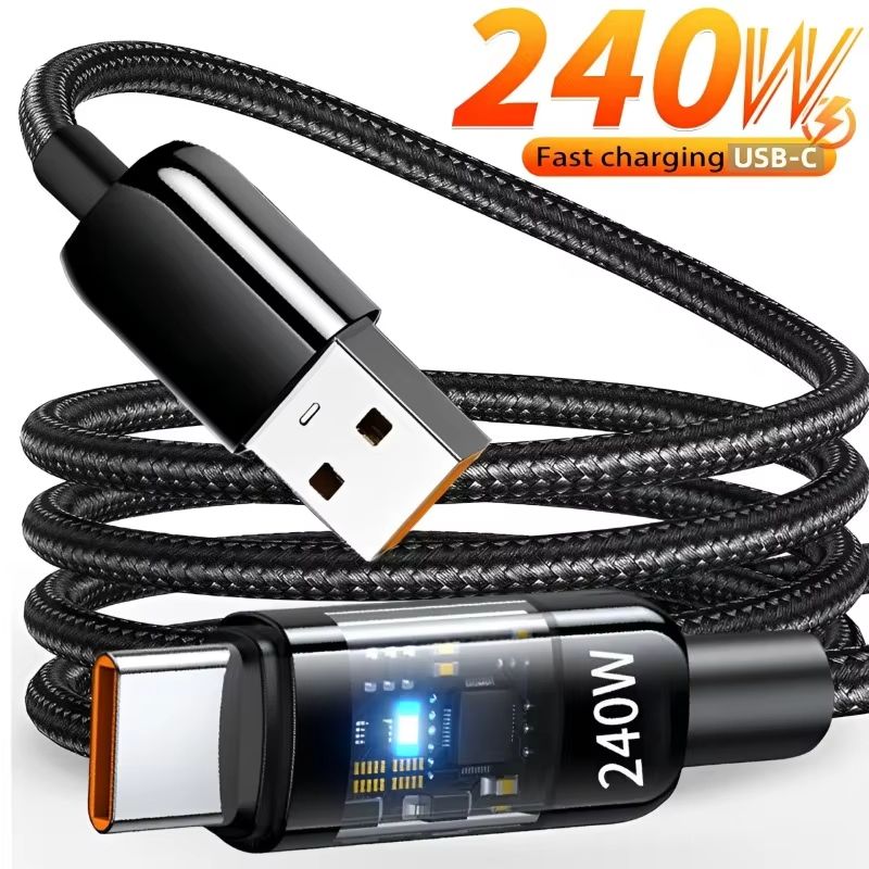 240W Fast Charging Cable USB Type C Transparent Mobile Phone Data Line for Samsung Xiaomi Android IPhone 16 15 USBC Charger Cord